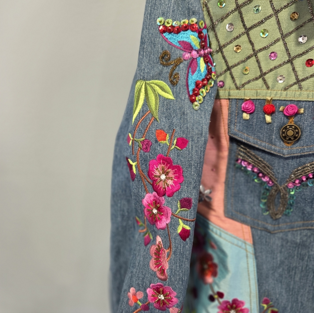 Funky Jean Jacket Berek Takako Sakon Medium Embroidered Butterfly Flowers - Picture 2 of 10